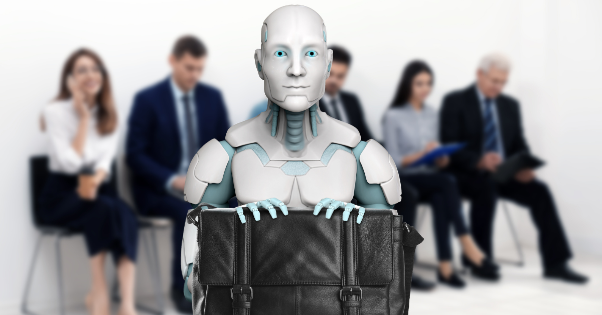 Illustration of a humanoid robot holding a briefcase, seated in front of a group of people waiting for a job interview